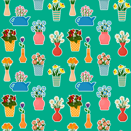 Houseplants in flowerpots seamless pattern. Flowers in pots and vases background. EPS10 vector illustration in flat style.のイラスト素材