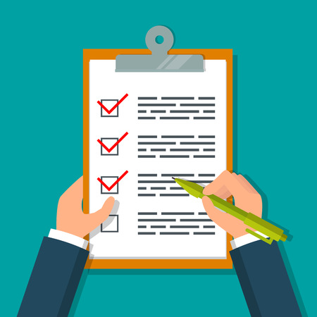 Hands holding clipboard with checklist and pen. EPS10 vector illustration in flat style.のイラスト素材