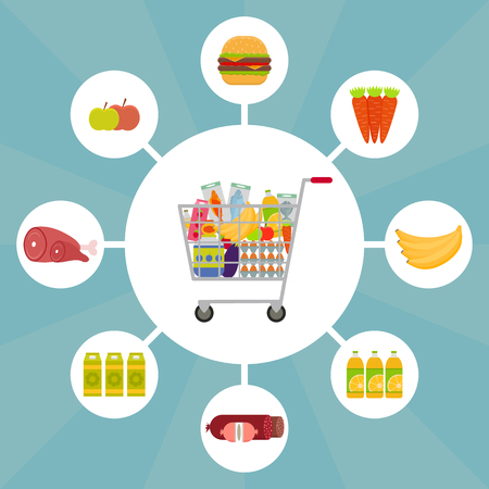 Full shopping cart with food icons. EPS10 vector illustration in flat style.のイラスト素材