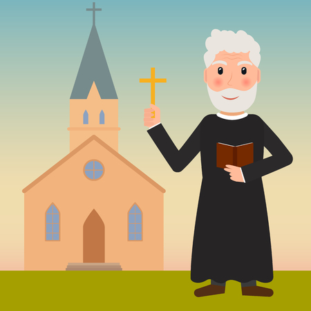 Pastor, priest or evangelist with cross and bible near the church vector illustration in flat style.のイラスト素材