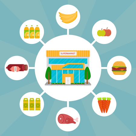 Supermarket building front facade and food icons vector illustration in flat style.のイラスト素材