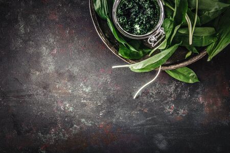 Fresh wild garlic leaves with pesto on black background. Wild leek. Top view. Free space for your...
