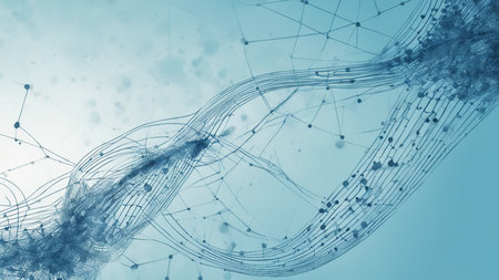 gene technology concept with connected lines and dots on blue background.の素材