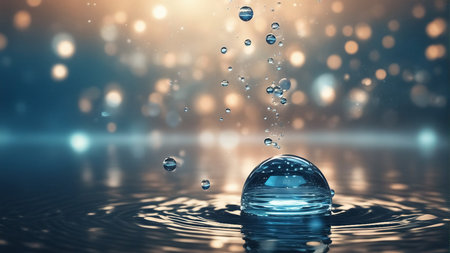 Closeup of a moving water surface with drops and bubbles. Concept environmental technologies and chemistry.の素材