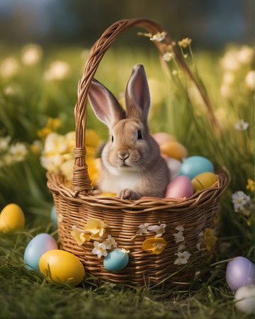 A cute bunny sits in a basket in a meadow surrounded by easter eggsの素材
