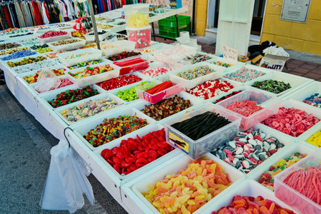 Guardamar, Spain - Oct 3, 2018 : Wednesday is Market day in Guardamar and the streets are lined with stalls.のeditorial素材