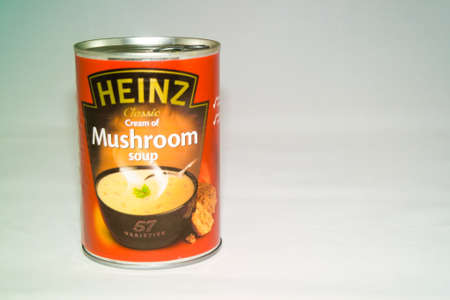Torrevieja, Valenciana, Spain - Apr 03 2020 : Tin of Mushroom soup with copy space.のeditorial素材
