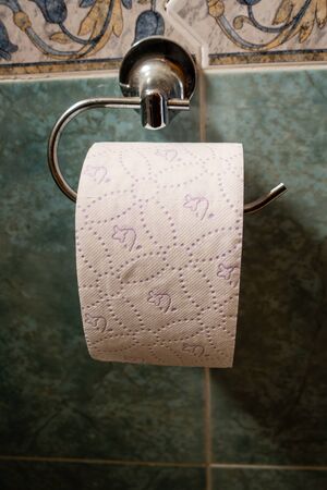 toilet roll on wall in bathroom areaの写真素材