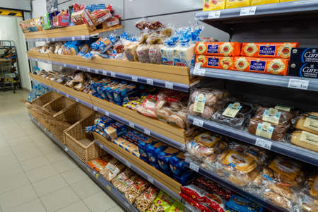 Torrevieja, Valenciana, Spain - Apr 17 2020 : food for sale in empty shop due to Covid-19 virus and...