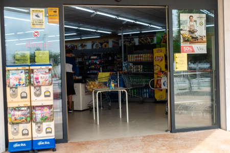 Torrevieja, Valenciana, Spain - Apr 17 2020 : hand sanitise on entry to shop during covid-19 pandemicのeditorial素材