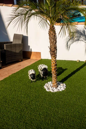 Torrevieja, Valenciana, Spain - May 02 2020 : model sheep on artificial lawn in urbanisation in spainのeditorial素材
