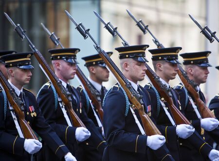 NEW YORK, NY, USA MAR 17: Marching US miltary soldiers at the St. Patrick's Day Parade on March 17, 2012 in New York City, United States.のeditorial素材