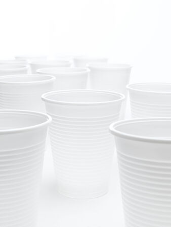 group of white plastic cupsの写真素材