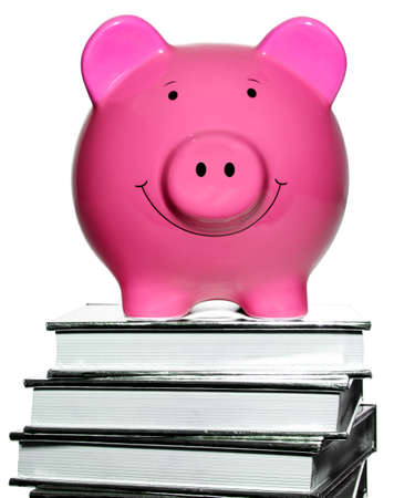 Pink Piggy Bank on book pileの写真素材