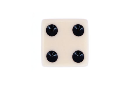 White dice with four black dots isolated on white. Top down view of Number 4 in a series of dice imagesの写真素材