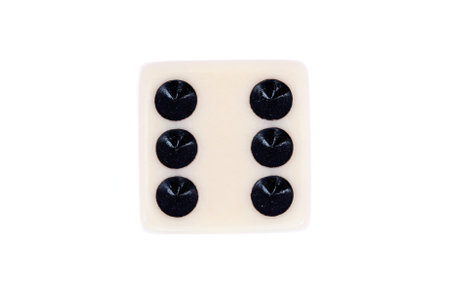 White dice with six black dots isolated on white. Top down view of Number 6 in a series of dice imagesの写真素材