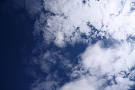 Bright white clouds in a blue sky. Taken from the ground, looking up.の写真素材