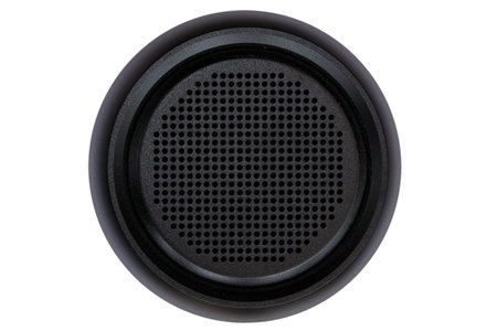 round portable black bluetooth audio speaker with elevated view and isolated on white backgroundの写真素材