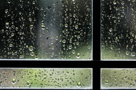 Raindrops on leaded glass window pane close up. The photo of this wet weather background was taken indoors looking into a gardenの写真素材