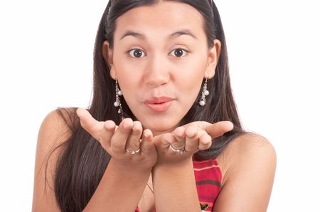 playful girl sending kisses on her valentineの写真素材