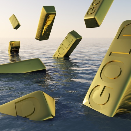 Gold Bars Sinking  Showing Depression Recession And Economic Downturnsの写真素材