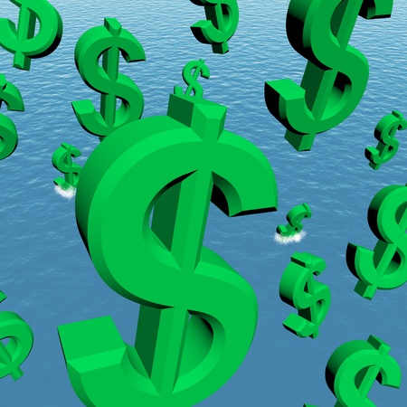 Dollar Symbols Falling In The Ocean Showing Depression Recession And Economic Downturns の写真素材