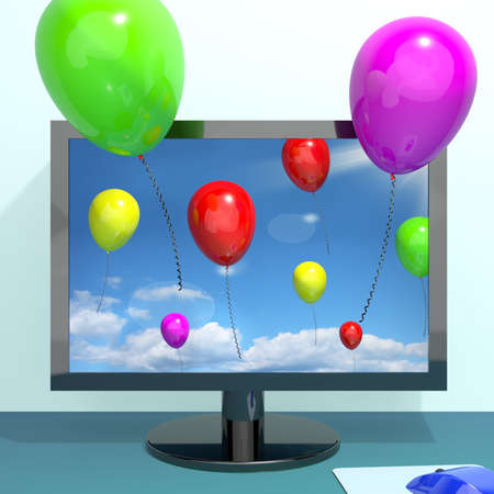 Festive Colorful Balloons In The Sky And Coming Out Of Screen For Online Celebrationsの写真素材