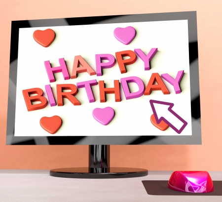 Happy Birthday On Computer Screen Shows Online Greetingの写真素材