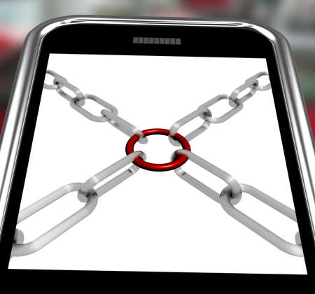 Chains Joint On Smartphone Shows Secure Link And Strengthの写真素材