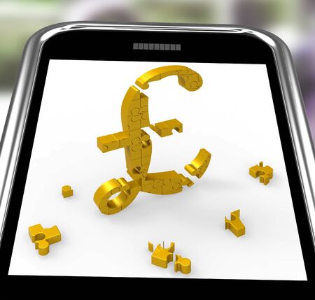 Pound Symbol On Smartphone Shows Britain Currency And Kingdom's Wealthの写真素材