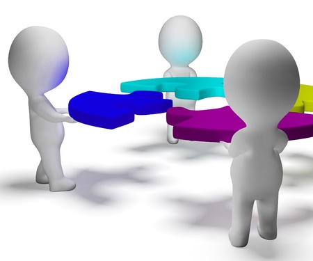 Puzzle Solved And 3d Characters Displays Team And Teamworkの写真素材