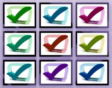 Check Marks On Monitors Shows Customers Satisfaction And Acceptationの写真素材