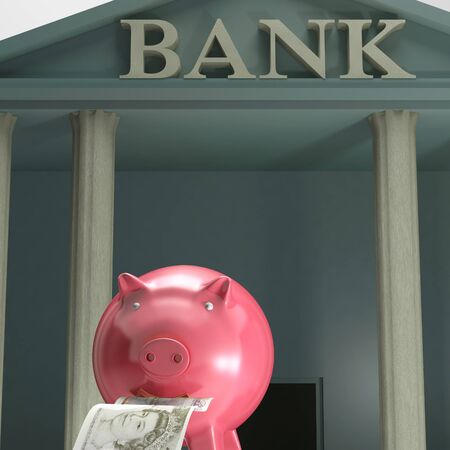 Piggy bank On Bank Shows Secure Savings And Monetary Safetyの写真素材