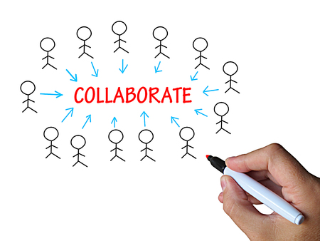 Collaborate On Whiteboard Meaning Cooperative Work Teamwork And Motivationの写真素材