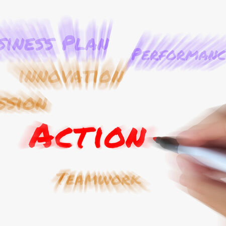 Action Words on Whiteboard Displaying Activity Mission and Performanceの写真素材