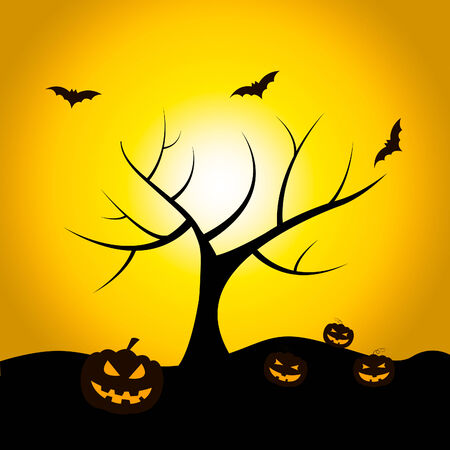 Halloween Tree Showing Trick Or Treat And Fruit Batsの写真素材