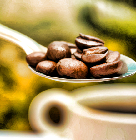 Coffee Beans Spoon Representing Hot Drink And Javaの写真素材