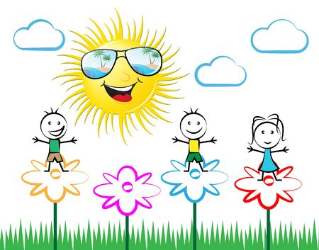 Kids On Flowers And Sunshine With Sunglasses 3d Illustrationの写真素材