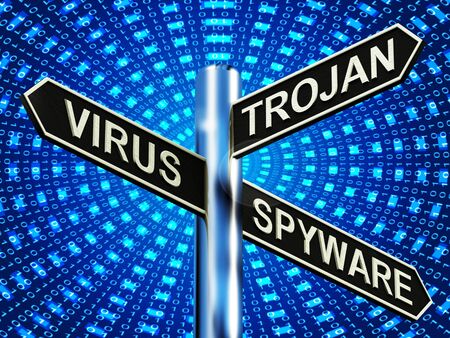 Virus Trojan Spyware Signpost Shows Internet 3d Illustrationの写真素材