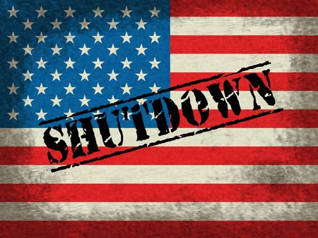 Usa Shutdown Flag Political Government Shut Down Means National Furlough. Senate And President In Washington DC Create Closureの写真素材