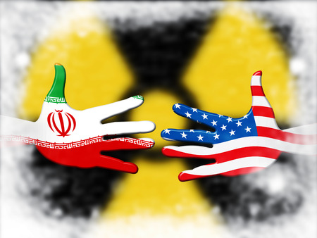 Iran Nuclear Deal Negotiation Or Talks With Usa Flags. United States Treaty Relations Or Threat - 2d Illustrationの写真素材