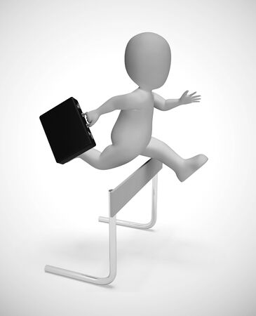 Overcoming obstacles depicted by a man jumping over a hurdle. Rising to the challenge and succeeding - 3d illustrationの写真素材