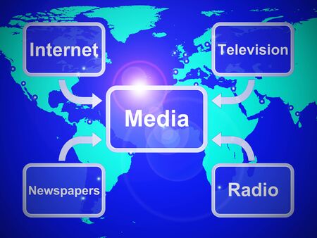 Media concept icon means communication and broadcasting through multimedia. Journalistic and newsworthy coverage - 3d illustrationの写真素材