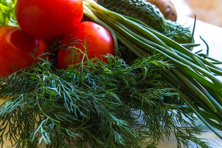 Close-up of salad leaves, tomatoes and fresh cucumbers branch of the dillの写真素材