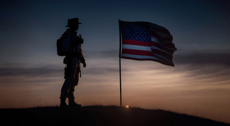 The struggle for the independence of the united states and chlodat as its symbol standing next to the flag blowing in the windの素材