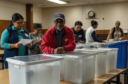 Black man smiling and counting votes at the polling station