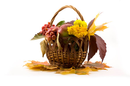 Autumn fruits with yellow leaves in a basket isolated on whiteの写真素材