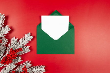 Top view of green envelope, white card, red berries, fir tree branches on red background. Christmas, New Year composition. Post flat lay, copy space.の写真素材