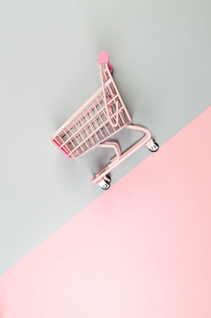 Top view of pink shopping trolley on colorful background. Creative shopping wallpaper, sale. Copy space, flat lay.の写真素材