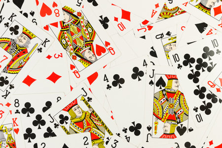 Playing cards background. Lot of cards, board game, poker. Copy space, flat lay.